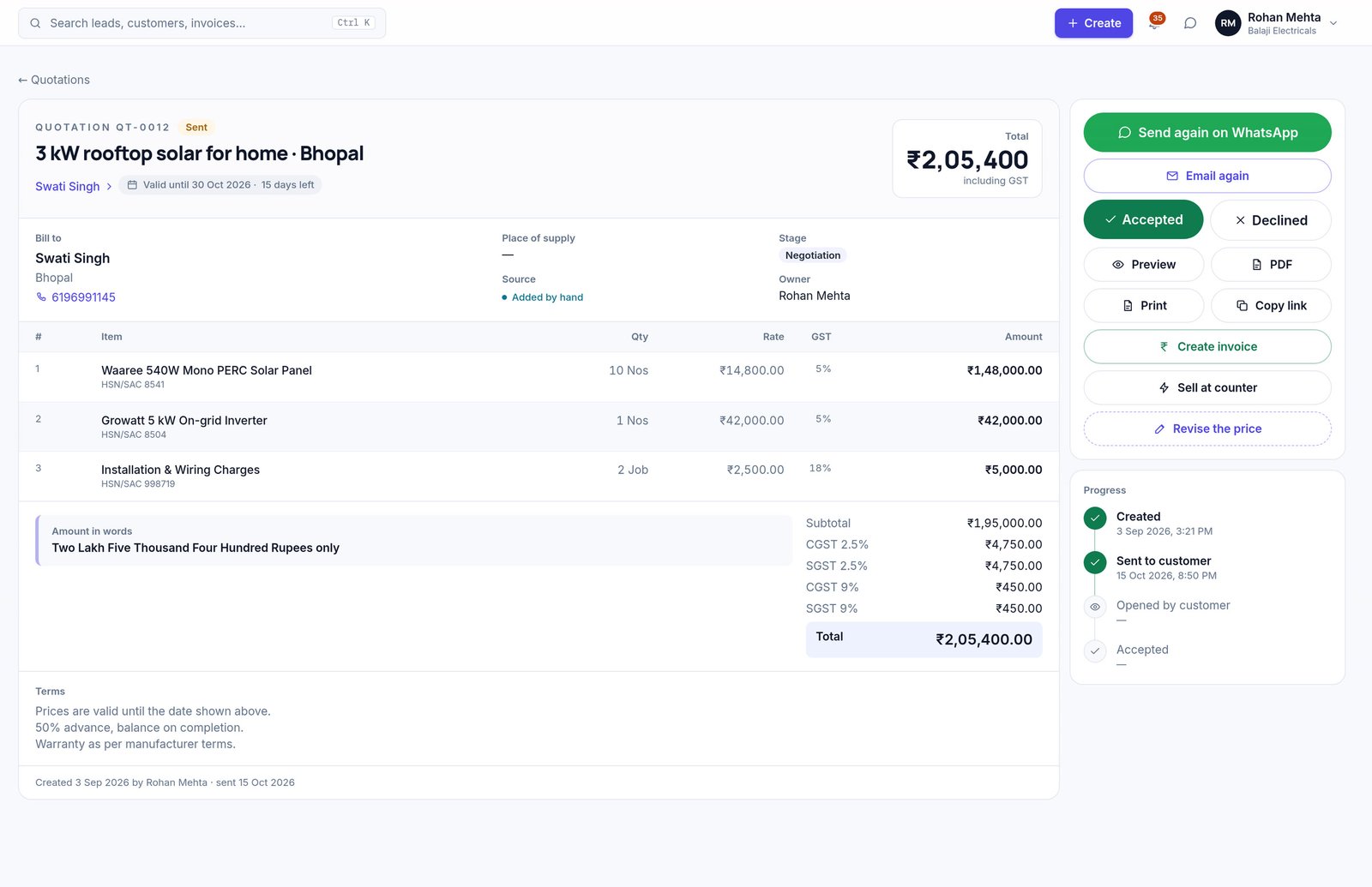 An Enkay CRM quotation totalling ₹2,05,400 including GST, with buttons to send it again on WhatsApp or email, mark it accepted or declined, and create the invoice.